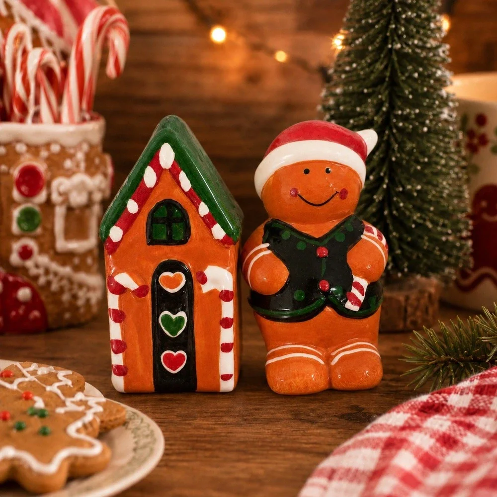 Vintage Gingerbread House & Boy Salt Pepper Shaker Set New in Package